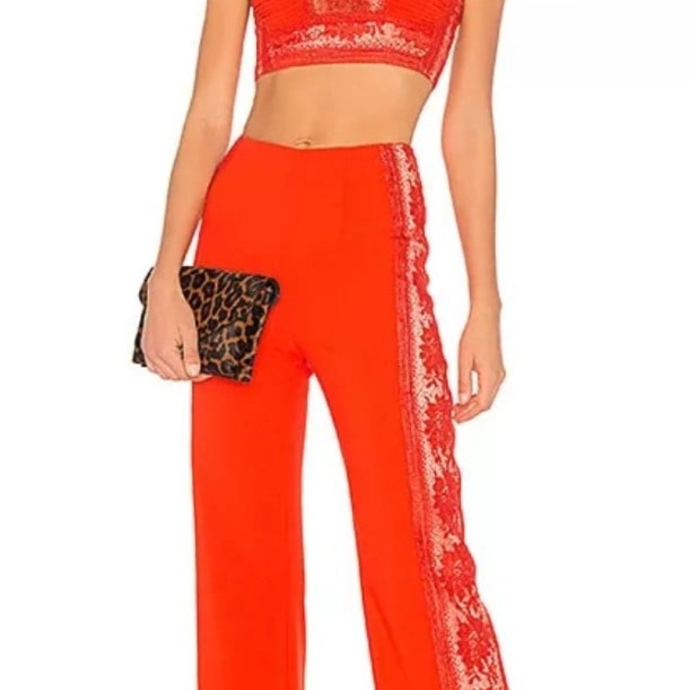 Free People Red Wide Leg Pants with Lace Detail